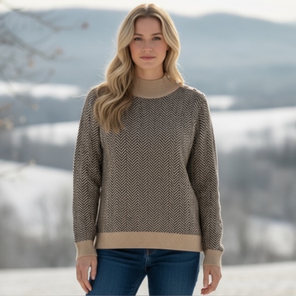 Calvin Klein Brown Black Chevron Sweater Gold Accents Mock Neck Size Large - Picture 2 of 10